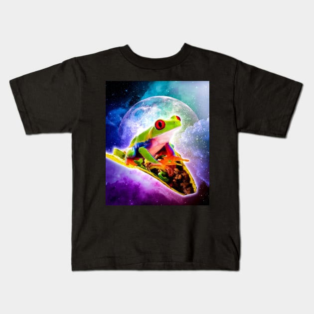 Red Eye Tree Frog Riding Taco In Space Kids T-Shirt by Random Galaxy